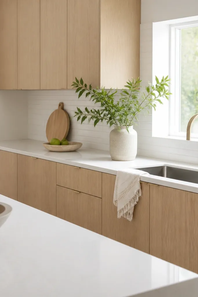 A modern kitchen with flat slab white oak cabinet fronts, minimal hardware, and crisp white quartz counters. The backsplash is a thin white tile with a light grout line, and the sink area looks bright and airy.