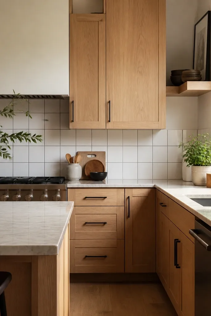 White oak cabinets with shaker doors and matte black hardware. The backsplash is white tile with thin matte black trim outlining a simple grid behind the stove and sink.