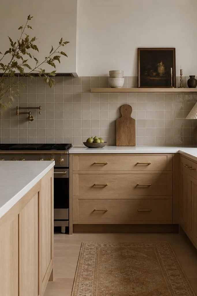 A kitchen with white oak cabinets, warm taupe backsplash tiles, and warm brass pulls on drawers. The countertop is light and the room feels soft and cozy.