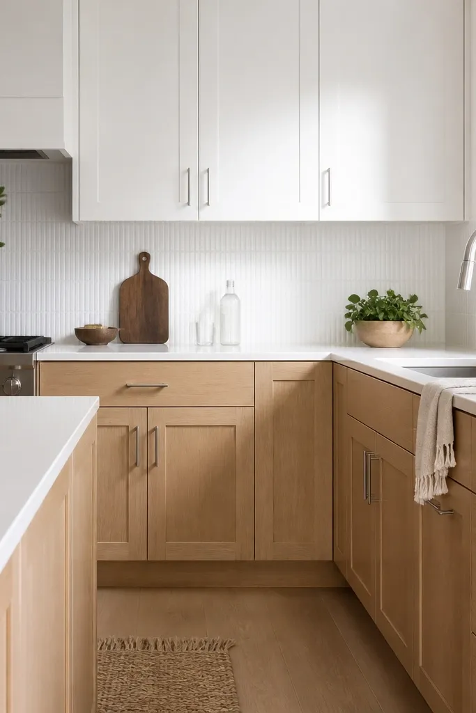 A kitchen with white oak cabinets on the bottom run and white cabinets on the uppers. Hardware is brushed nickel, and there's a white backsplash with subtle texture.