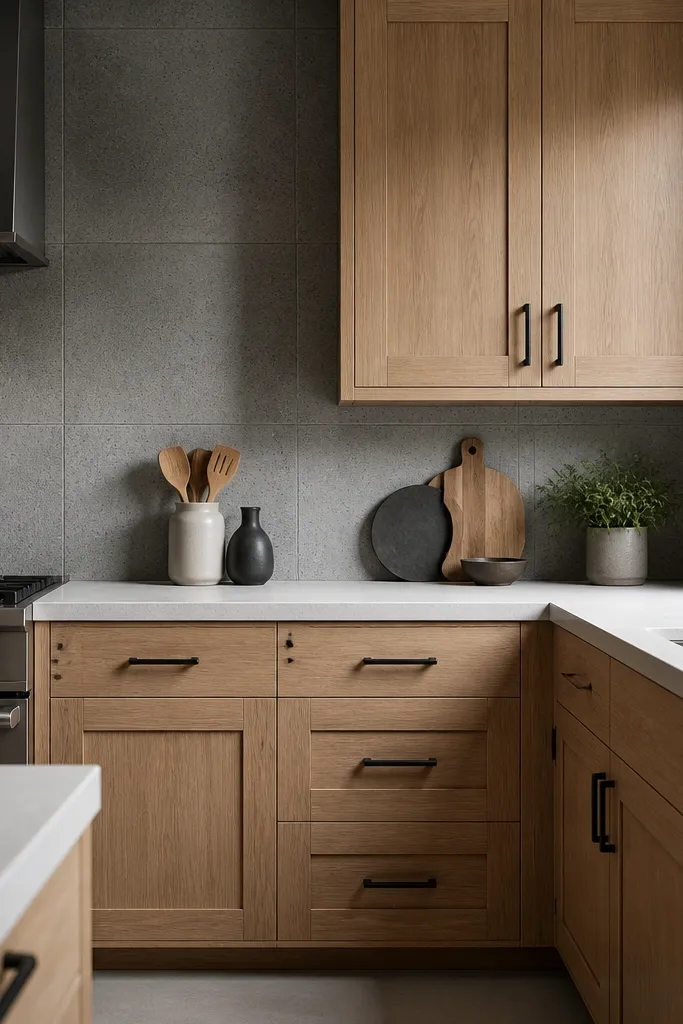 White oak shaker cabinets with matte black hardware paired with a cement-gray backsplash tile that has fine speckling. The countertops are light and the room looks modern-industrial.