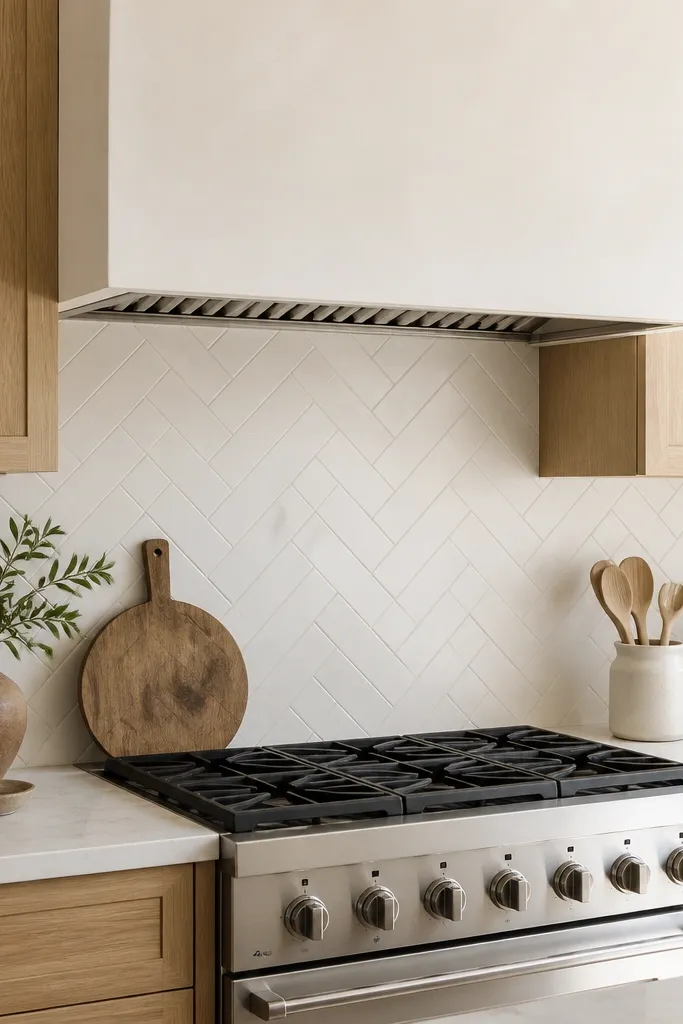 A kitchen backsplash in off-white herringbone tile behind the stove, with white oak cabinets and small black knobs. The countertop is light and the backsplash lines are crisp.