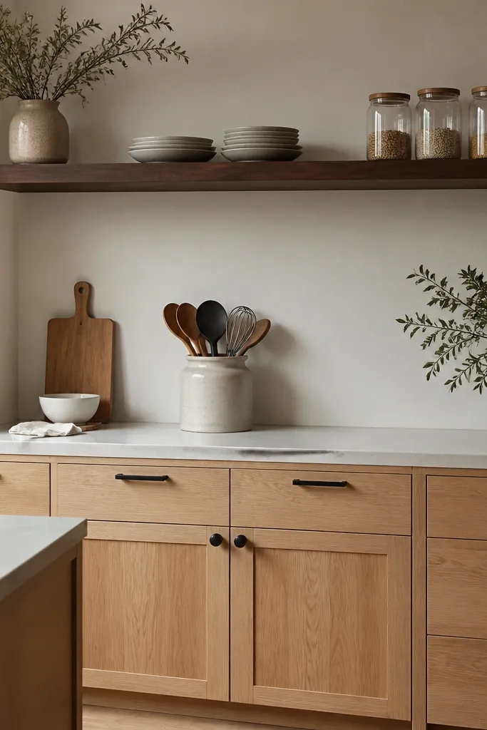 A kitchen with white oak cabinets and black hardware. A dark walnut open shelf spans above the counters, with simple jars and a few stacked plates.