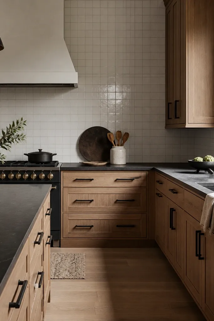 White oak cabinets with matte black pulls, paired with a charcoal countertop. The backsplash is white tile with light grout, and the kitchen feels dramatic.