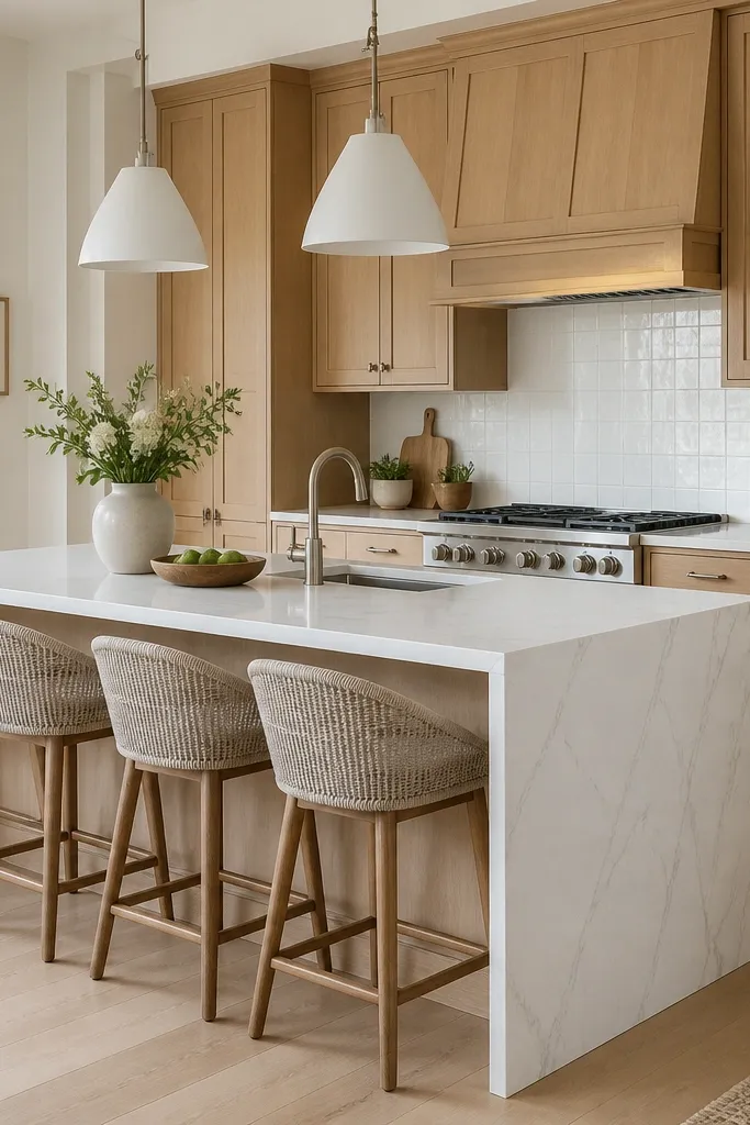 A kitchen with white oak shaker cabinets and a white quartz waterfall island. The hardware is brushed nickel and the backsplash is plain white tile.