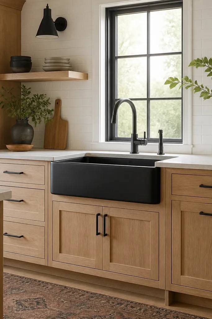 White oak cabinets with black pulls and a black farmhouse sink. The backsplash is white tile, and the countertop is light with a simple backsplash border.