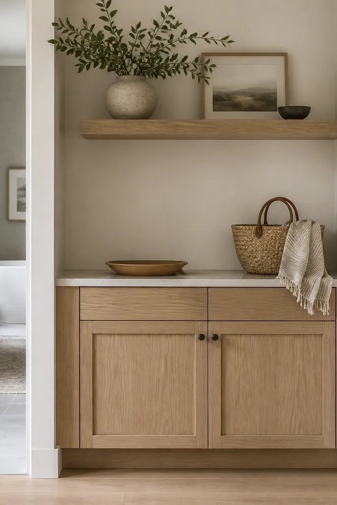 A transitional entryway or bathroom-adjacent space with white oak cabinets styled like a vanity: simple shaker doors, open shelf above, and a light countertop. The hardware is small matte black pulls.