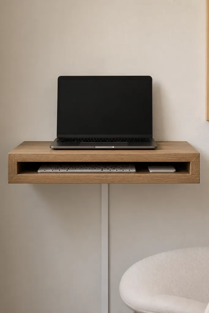 A 24-inch floating wooden shelf mounted on a light wall, with a small laptop centered on top, a slim keyboard tray area, and a neat cable run disappearing into a white under-shelf cable channel.