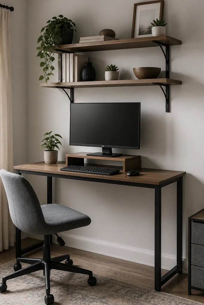 A narrow 30x16 table tucked against a wall, with a monitor on a riser, two wall shelves above, and a small fabric drawer unit on the floor corner.
