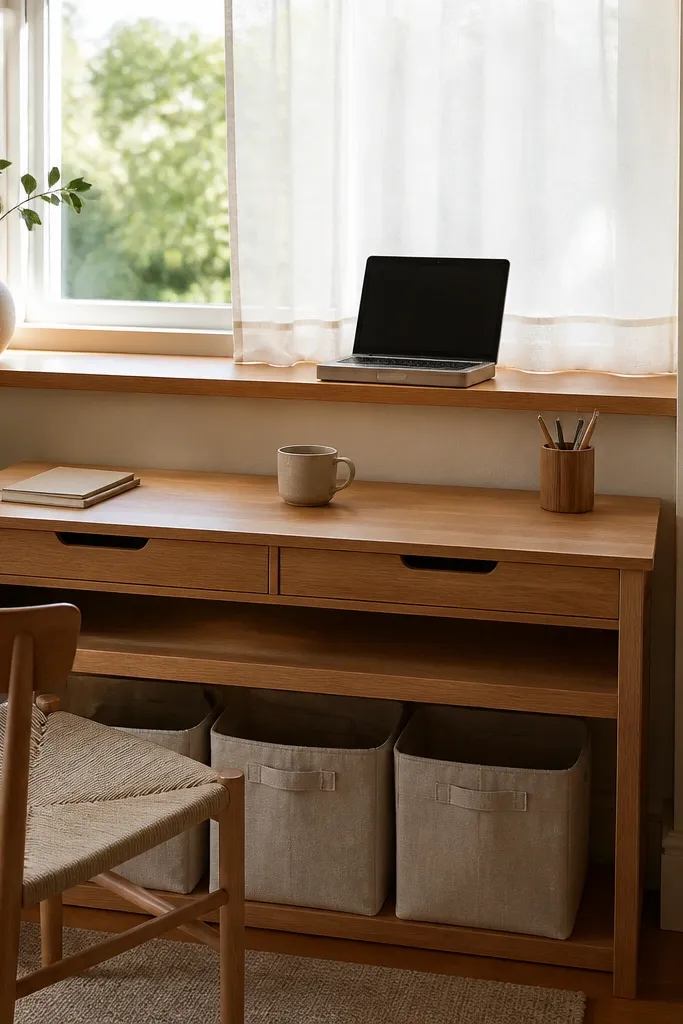 A desk placed under a window with a light curtain behind, a small laptop on a narrow ledge, and slim fabric bins tucked under a lower shelf with labels.