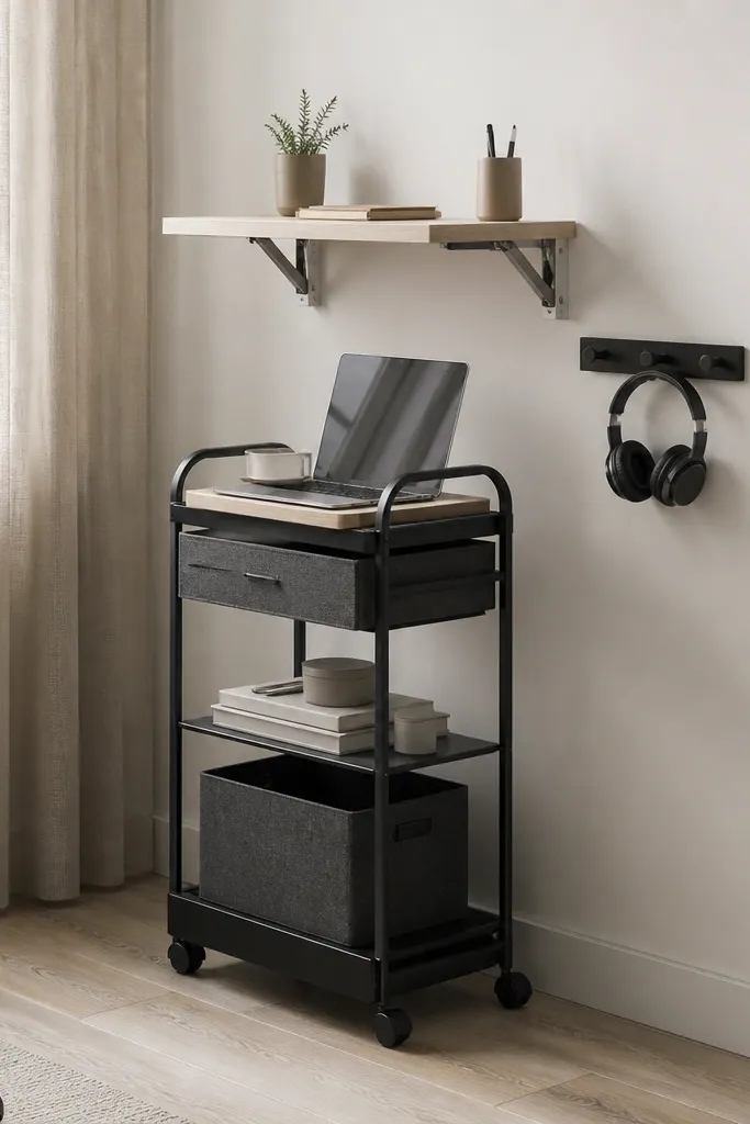 A slim rolling cart beside a wall, with a laptop on top, a fold-down wall shelf above for extra workspace, and a wall hook strip for headphones.