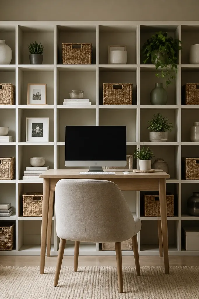 A grid of cube shelves against a wall, with a small desk centered in front, baskets inside cubes, and a monitor on a compact desk.