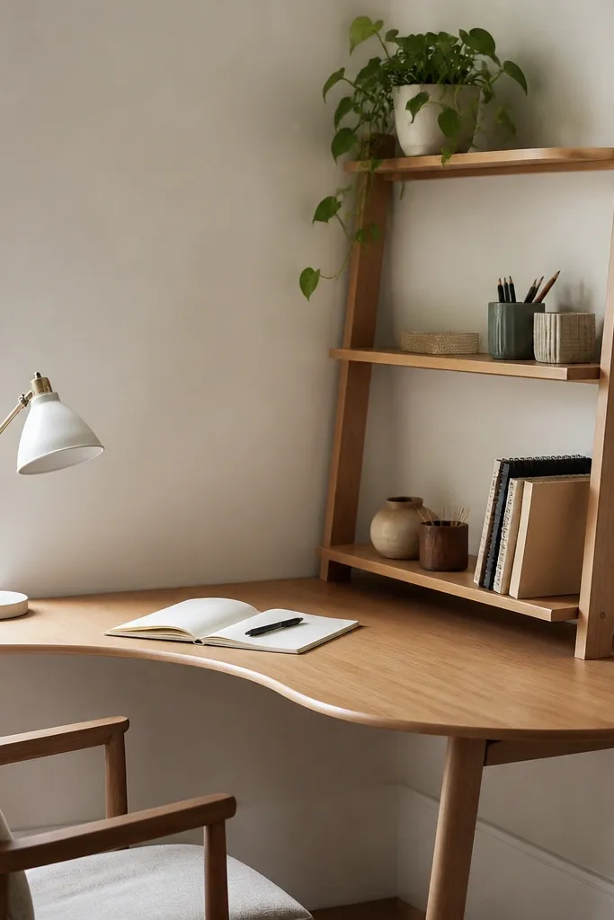 A corner desk with a curved edge, a ladder-style open shelf above it, and a small plant on the top rung with stationery on lower shelves.