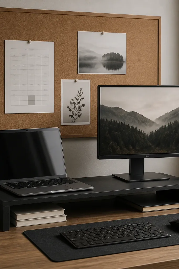 A laptop and monitor on a matte black riser, with a cork board mounted behind, and pushpins holding a schedule and a couple prints.