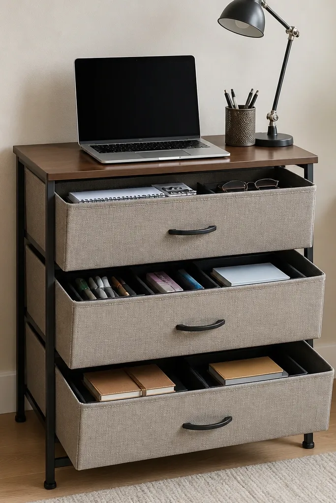 A small fabric drawer dresser with three sections topped by a desk surface, with a laptop centered, a desk lamp on the right, and office supplies neatly sorted inside drawers.