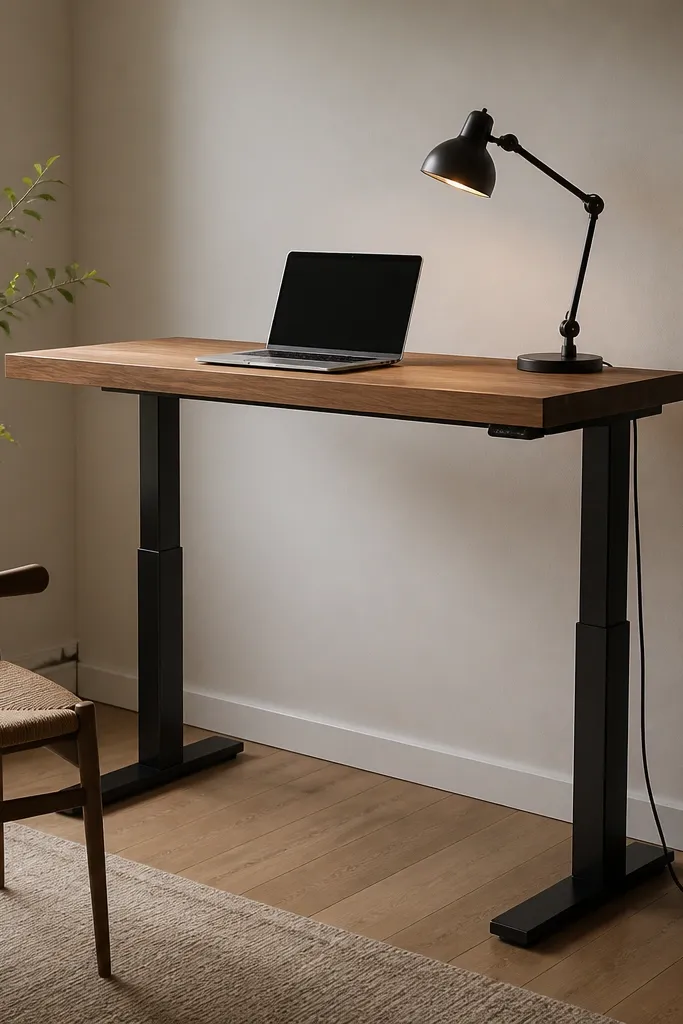 A desk made from a thick wood book ledge supported by two adjustable legs, with a laptop, a small task lamp, and a cable running down the leg.