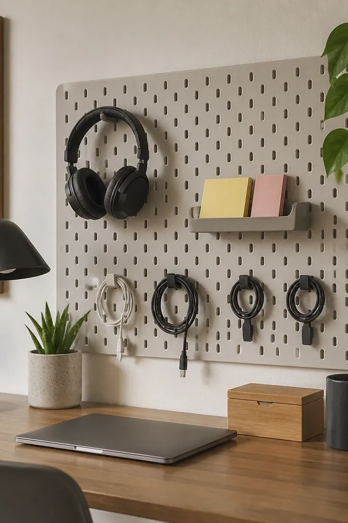 A pegboard mounted behind a small desk, with hooks holding headphones, a small shelf for sticky notes, and cable clips along the board.