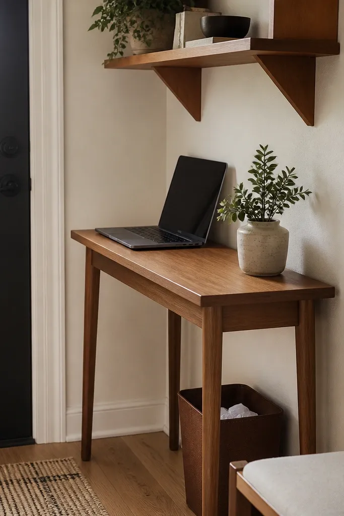 A slim table tucked near a door with an overhead shelf above, a laptop positioned near the back edge, and a small bin for paper tucked under the table.