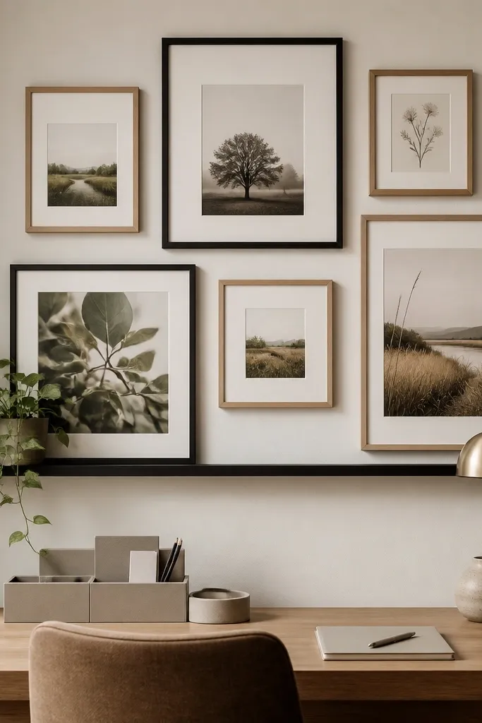 A cluster of framed prints above a desk, with a single narrow ledge for a plant, and a neutral desk organizer on the tabletop.