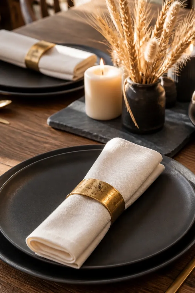 Matte black plates with cream napkins and warm gold napkin rings on a beige table runner.