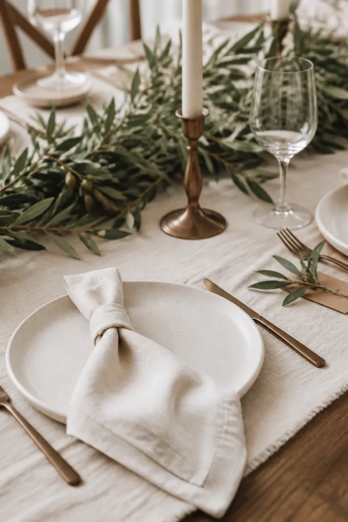 Cream linen-look runner with olive sprigs, cream plates, and small place cards at each setting.