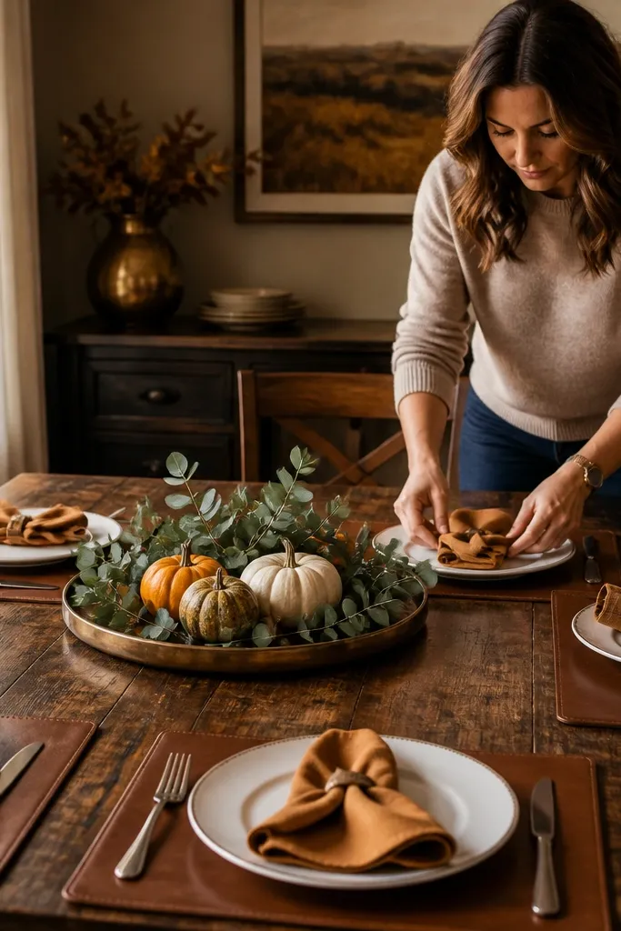 Cognac leather-look placemats with white plates, folded napkins, and a bronze candle centerpiece.