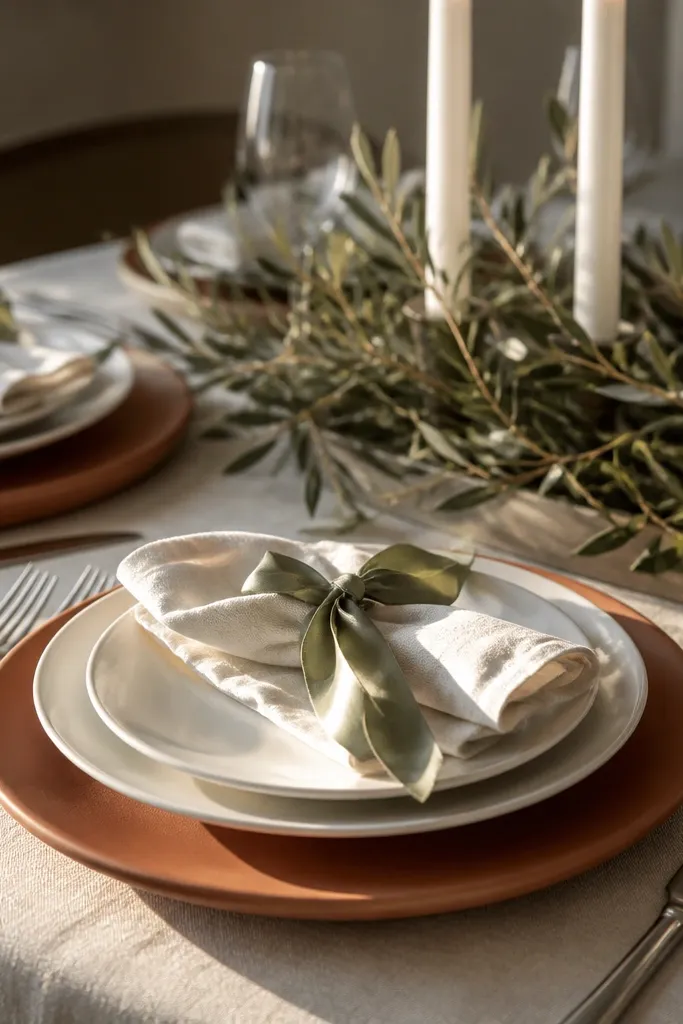 Terracotta chargers under cream plates with sage ribbon napkin ties and a small herb centerpiece.