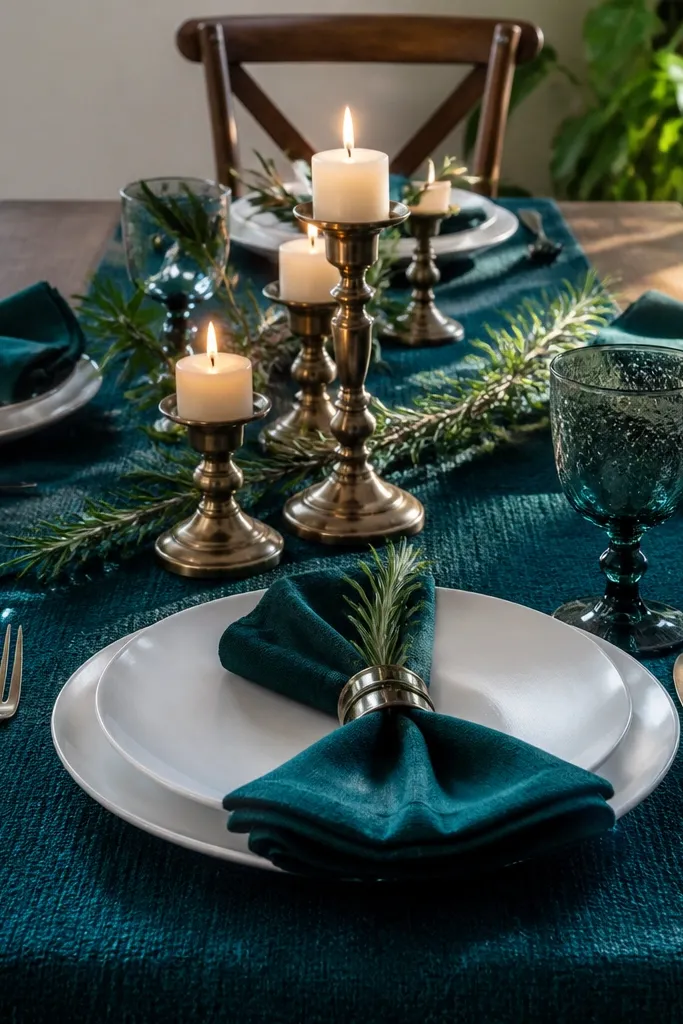 White plates on a deep teal runner with brass candle holders and simple teal napkins.
