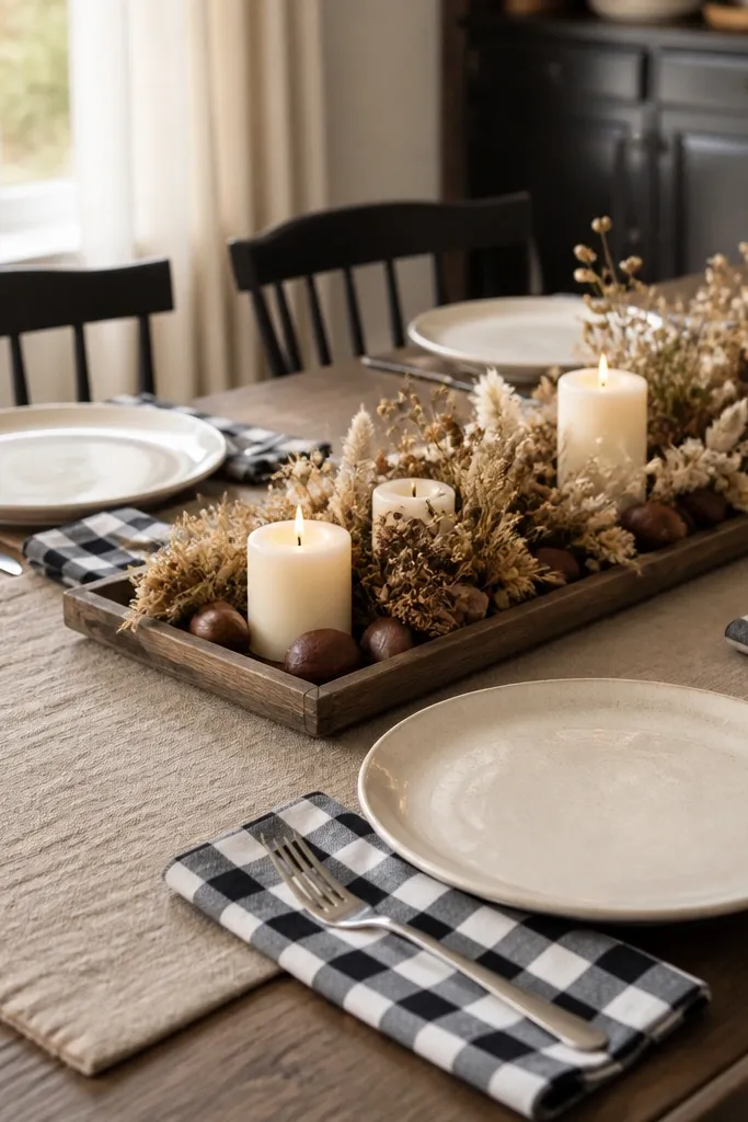 Black-and-white buffalo check napkins with neutral plates and a simple candle centerpiece.