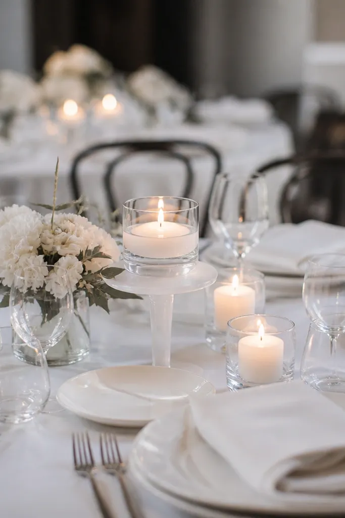 Matte white plates with cream napkins and a low candle arrangement in the center.