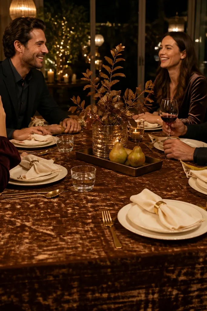 Pecan brown velvet-look runner with cream plates and gold-toned cutlery and candles.
