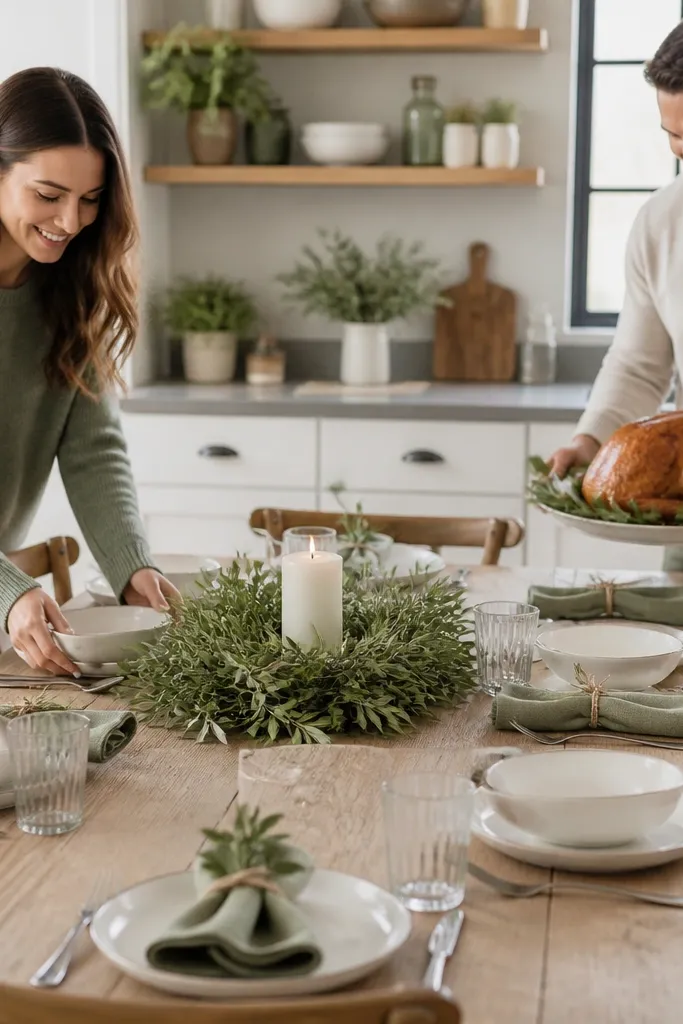 White bowls on light oak table with sage linen napkins and a small herb centerpiece.