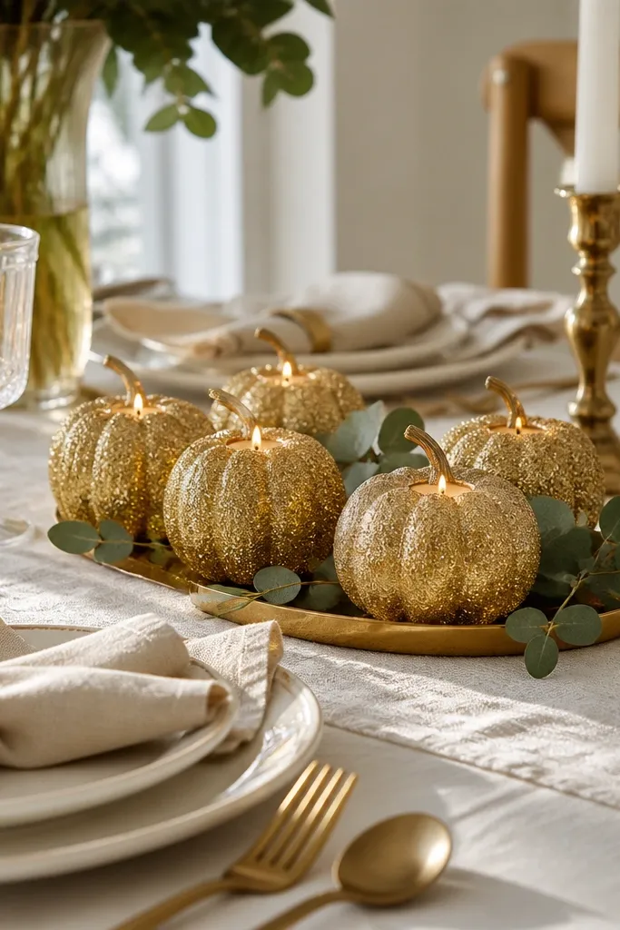 Ivory runner with cream plates and gold pumpkin votives in a low centerpiece tray.