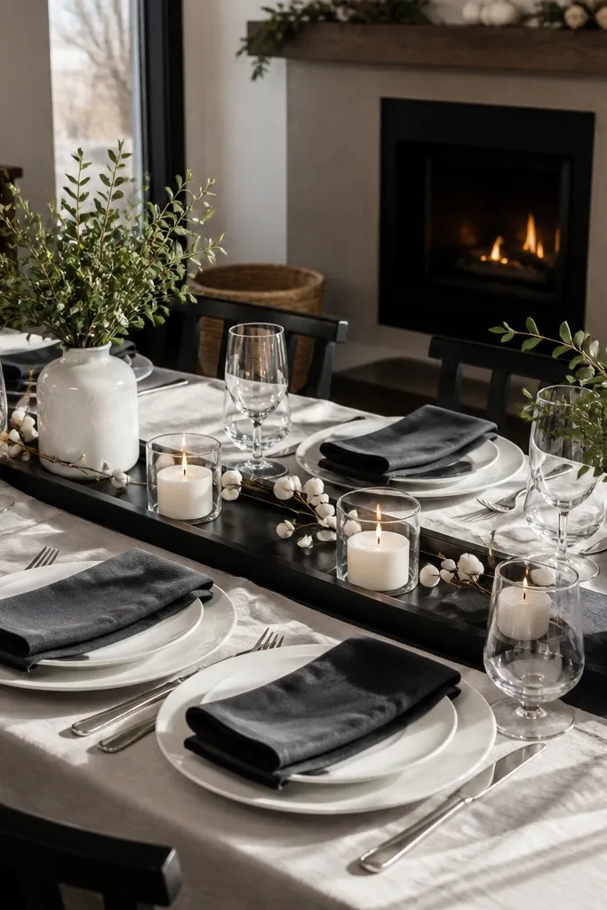 Charcoal napkins on white plates with a black tray centerpiece and small white candles.