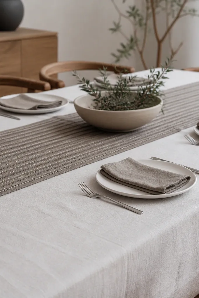 Taupe linen napkins with white plates and a striped runner as the main accent.