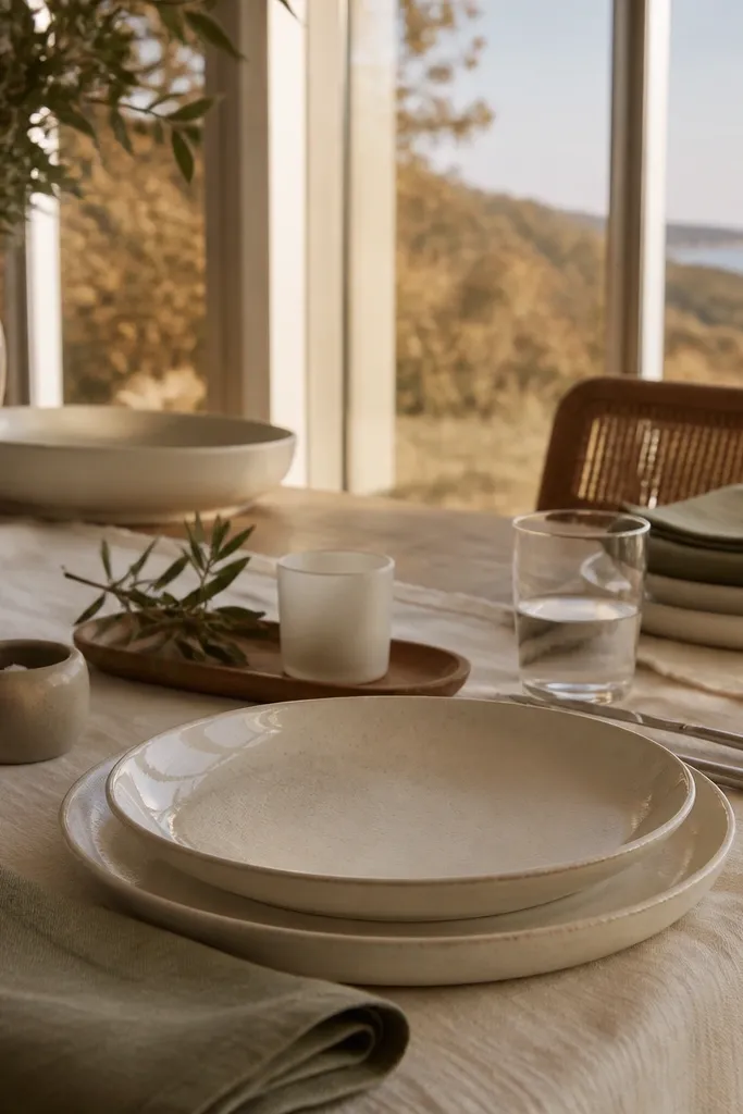 Warm white plates on driftwood gray table runner with sage folded napkins