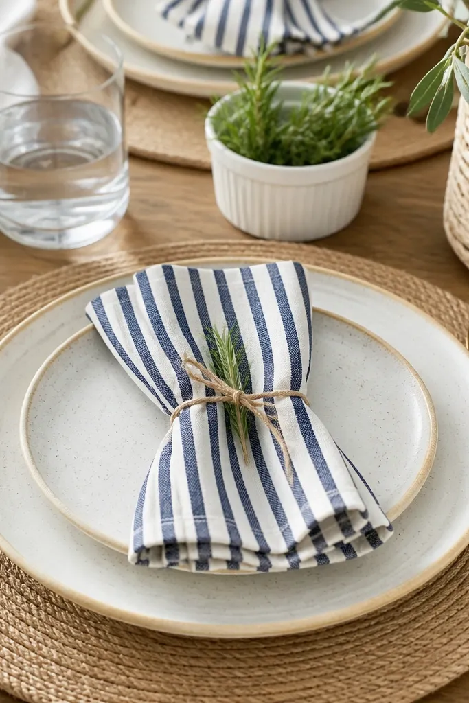 Cream plates with sand-toned rims and navy striped napkins at each place