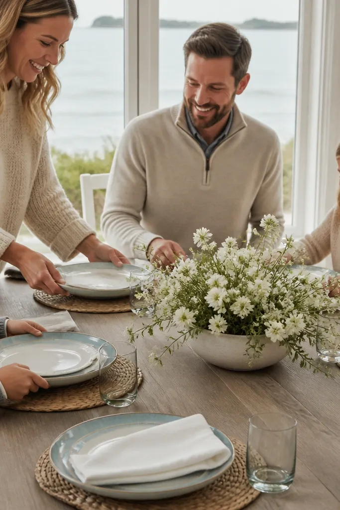 Sea-glass blue rim plates on jute placemats with white linen napkins