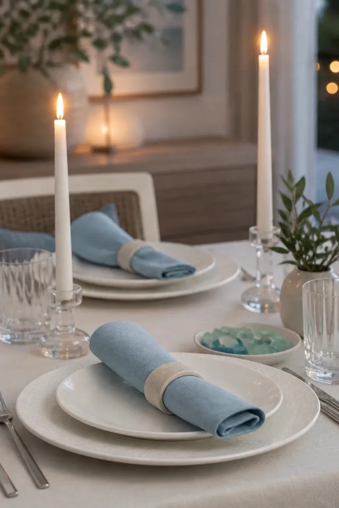 Matte white plates with blue napkin rings and white candles down the center