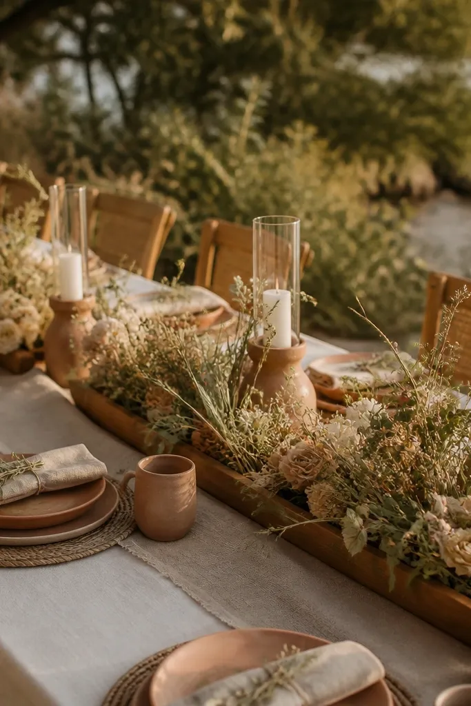 Natural linen table setting with terracotta accents and low sand-toned floral stems
