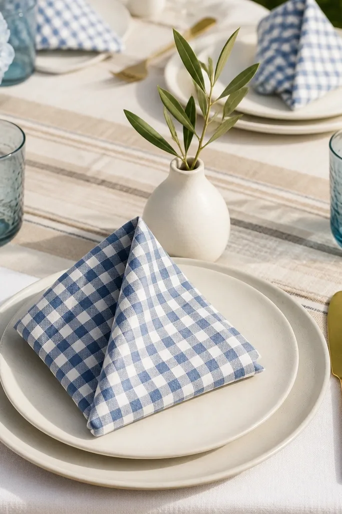 Blue and white check napkins with brass flatware on cream plates