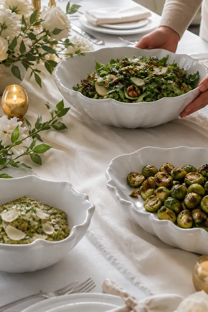White ceramic tableware with sage green leaves and subtle shell-like accents