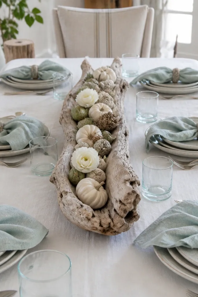 Seafoam linen napkins with a long driftwood tray centerpiece and candles
