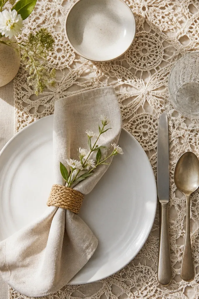 Cream runner with lace-like texture accents and small pale flower clusters