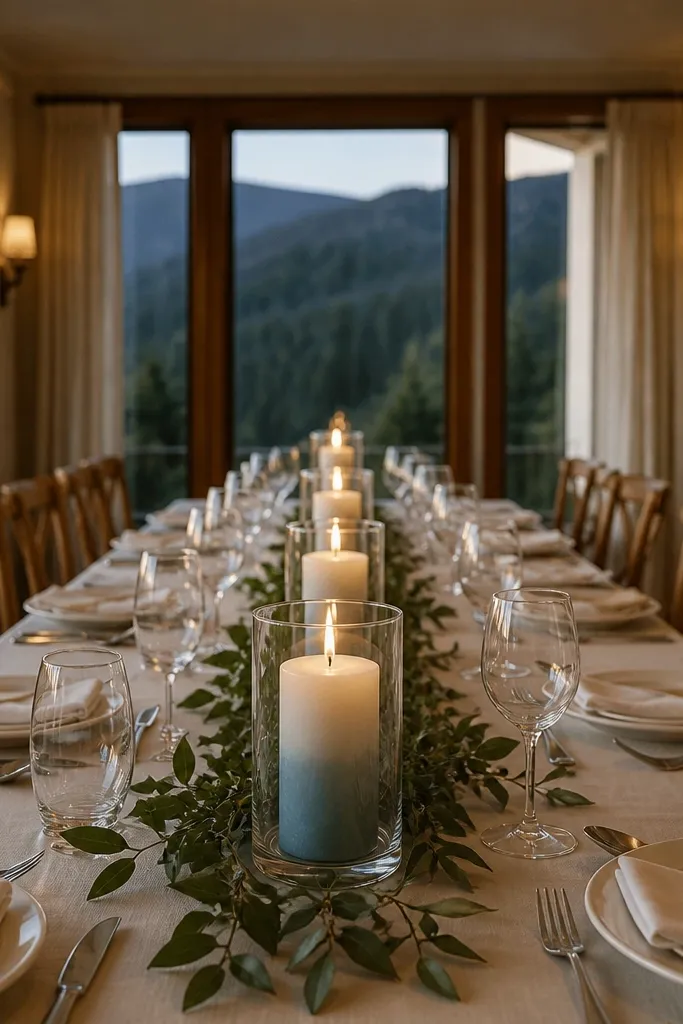 Warm white plates with sea salt blue ombre candles and minimal greenery