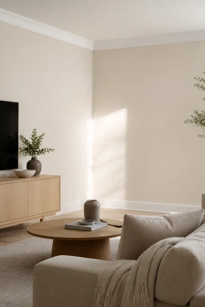 Living room photo with creamy ivory walls, bright white crown molding and baseboards, a light oak media console, and a soft oatmeal sofa. Sunlight creates a gentle gradient on the wall.