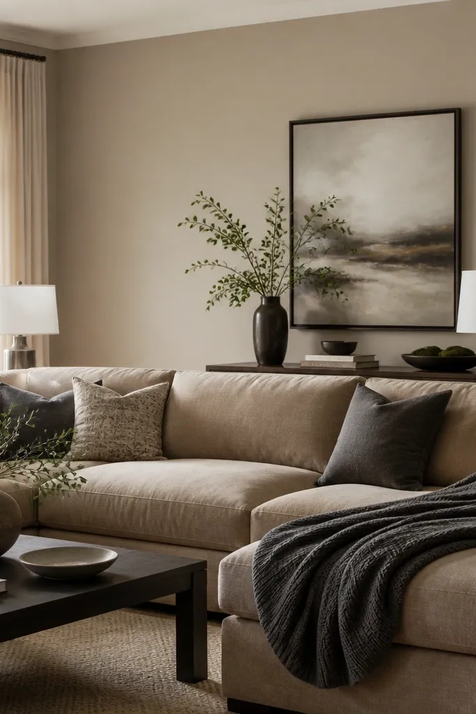 Living room with warm greige walls, a charcoal throw on a tan sectional, and brushed nickel lamps. The wall color looks steady from morning to evening.