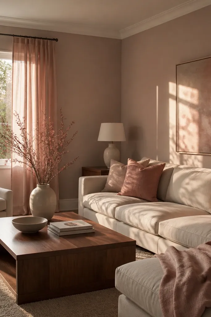 Living room walls in blush-tinted greige, white ceiling, soft blush curtains, and a walnut coffee table. The walls look rosy in late afternoon light.