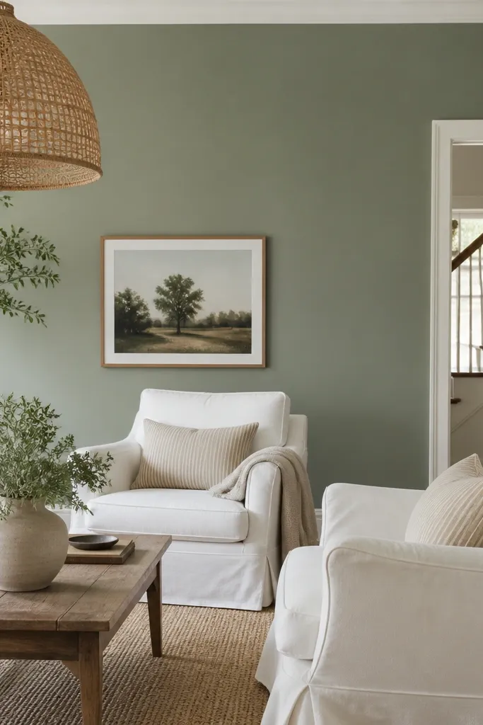 Living room with sage green walls, white slipcovered chairs, and a light rattan lamp. The green looks muted, not neon.