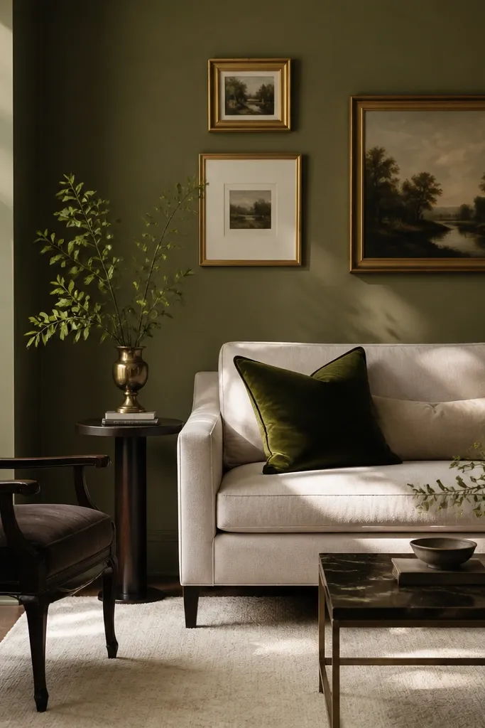 Living room with muted olive walls, brass picture frames, a cream rug, and a dark green velvet accent pillow. Shadows look flattering on the paint.